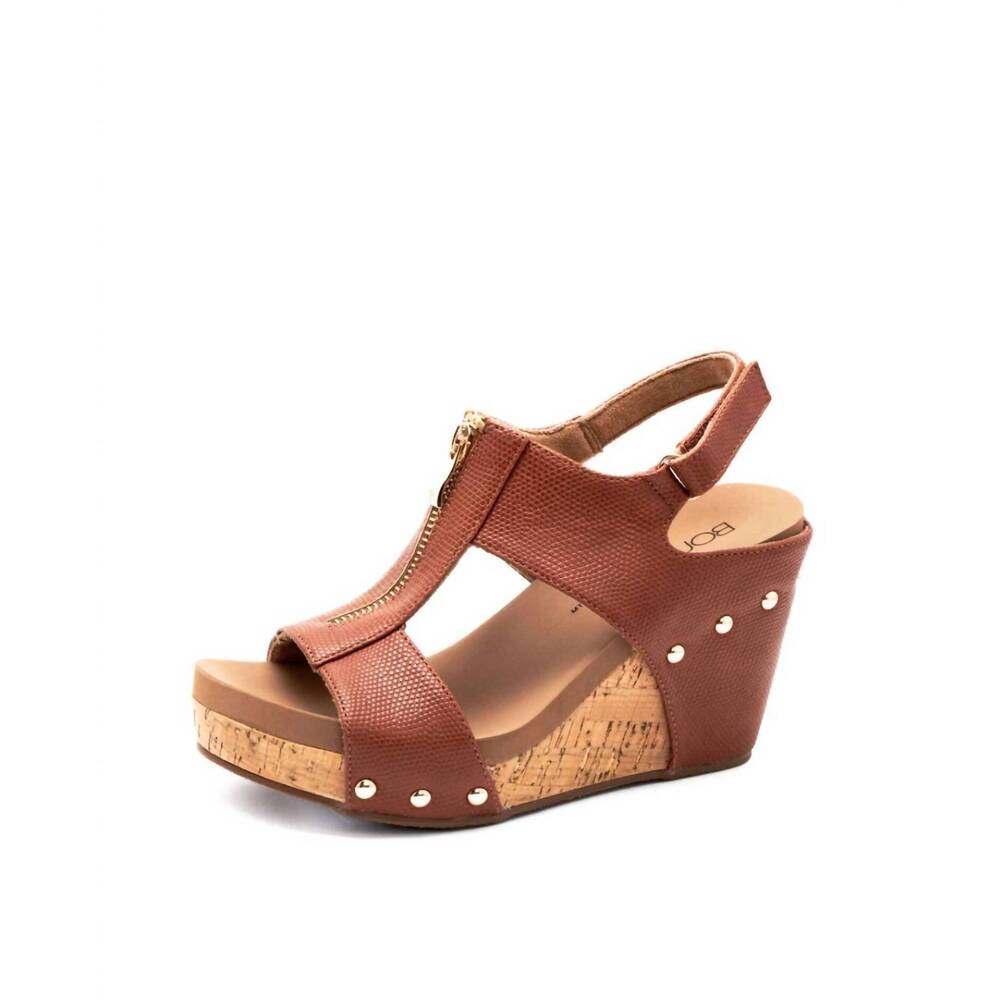 NEW CORKYS FOOTWEAR women's zip it good wedge sandal in cognac